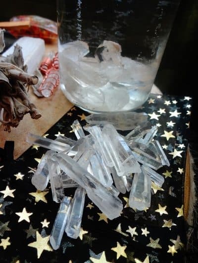 Raw clear quartz crystal points for crystal elixir.