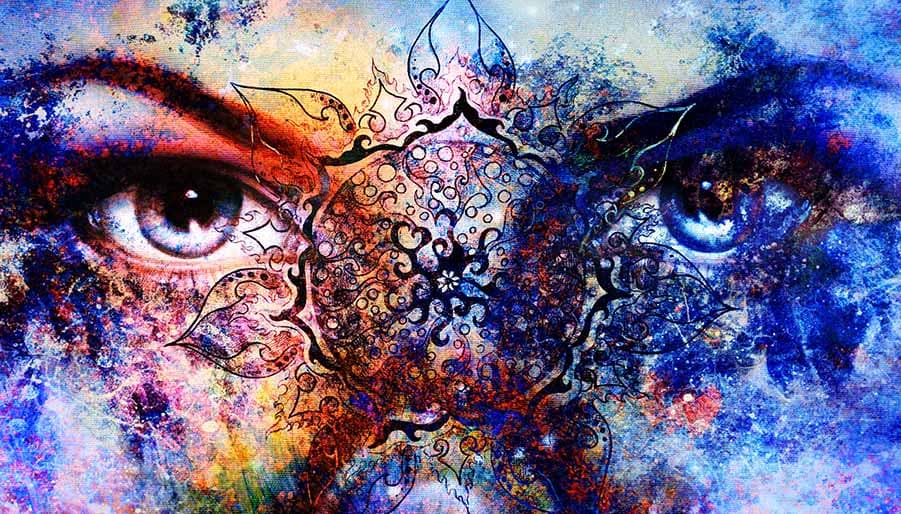 eyes of a mystical woman, the empress, with sacred geometry and mandala