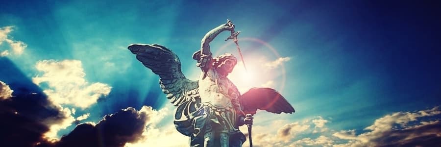 Atarue of Archangel Michael with Sword and Dramatic Sky
