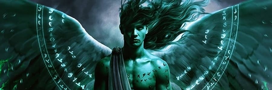 Archangel Raphael in Dark Green with Long Hair and Wide Spread Wings