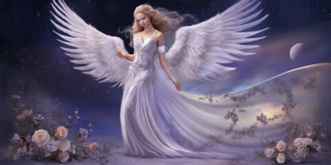Angel Number 4 - Angel surrounded by flowers with a purple dress and small blueish purple wings.