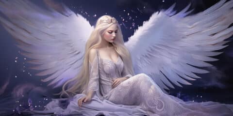 Angel Number 3 - Angel with a purple dress and small blueish purple wings. 