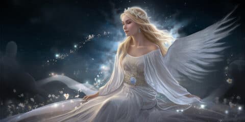 Angel Number 17 - Angel with long Blonde hair. The angel is sitting on bright light.