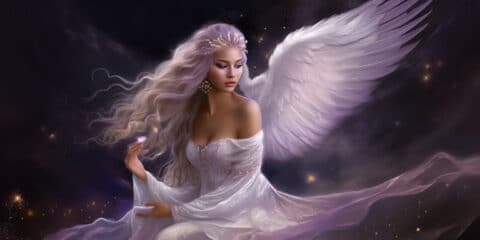Angel Number 5 - Angel with a purple dress and large pinks wings. Small crown