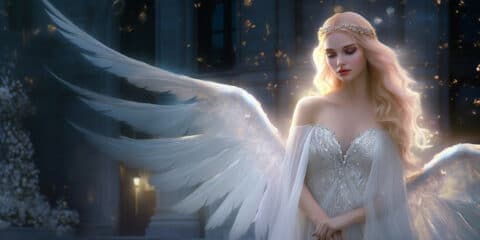 Angel Number 16 - Angel with long Blonde hair. Large white wings