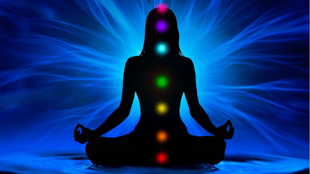 a person sitting in a lotus position showing her chakras