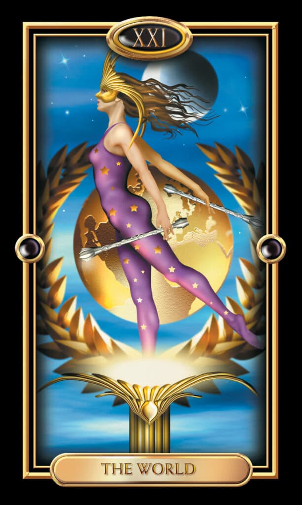 The World tarot card gilded
