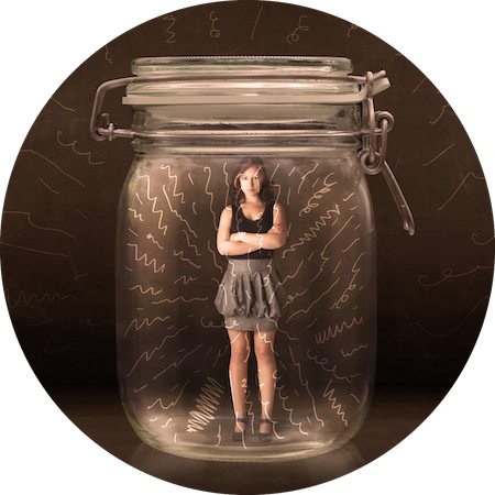 Businesswoman inside a jar with powerful hand drawn lines concept