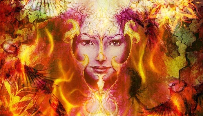 Beautiful Painting Goddess Woman with ornamental mandala and color abstract background and bird with fire