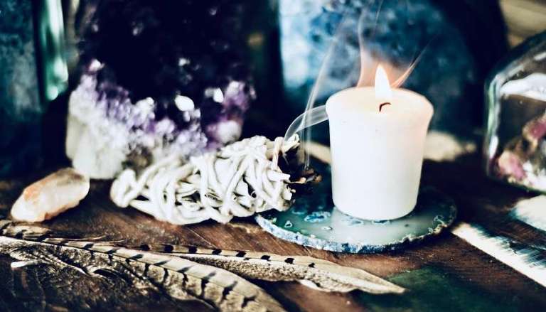 Winter Altar with Amethyst, Smudge (White Sage) and Candle