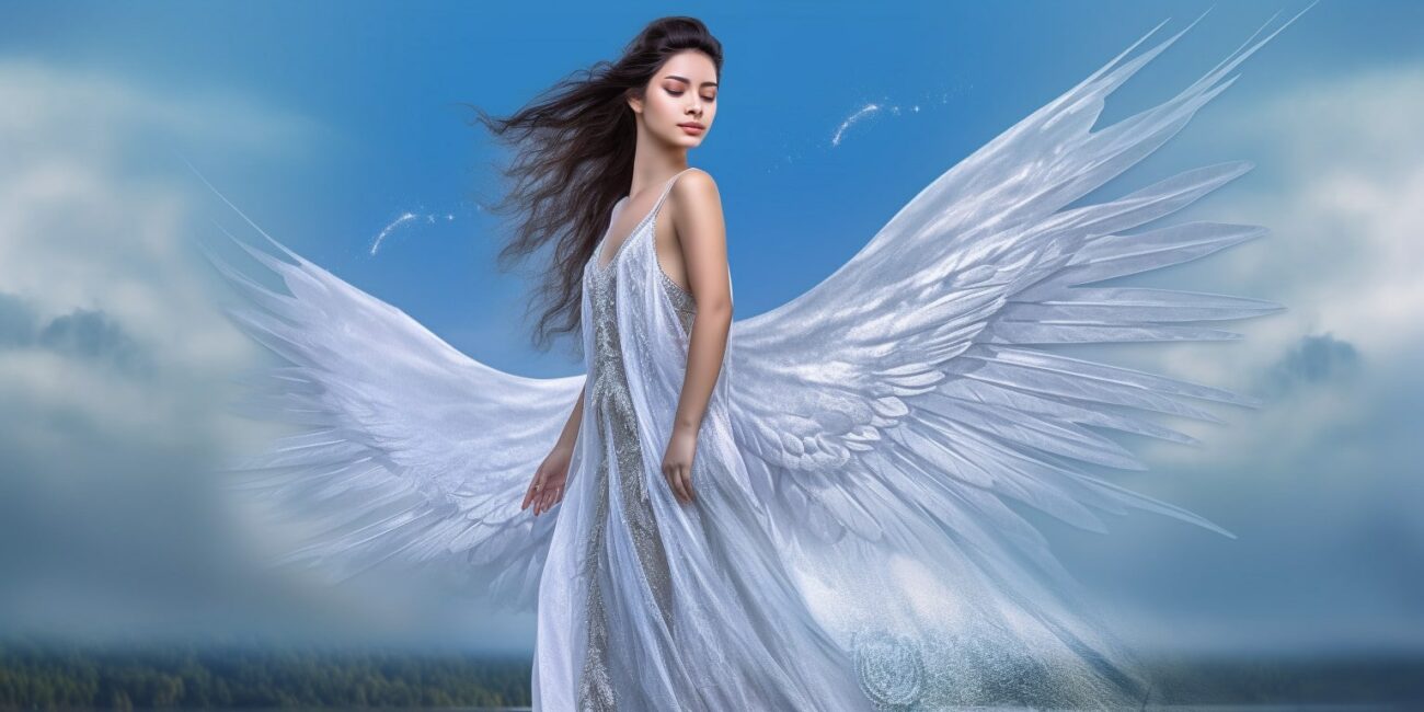 Angel in white dress with blue sky in the background