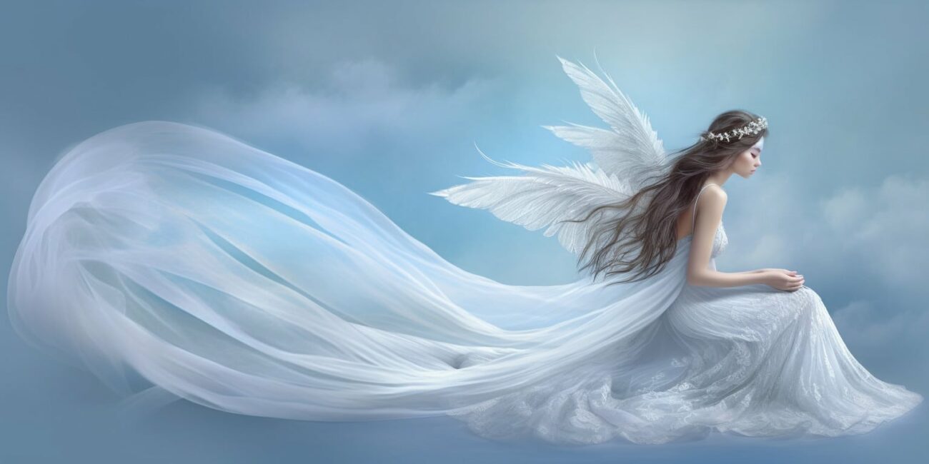 Angel in a long white dress with blue sky and cloud in the background