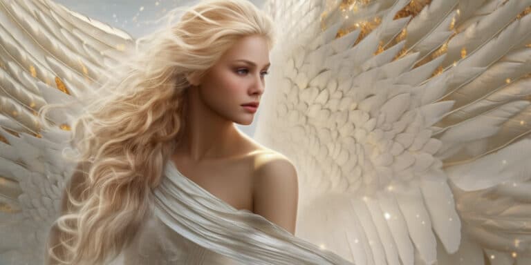 Angel with golden yellow wings. White dress