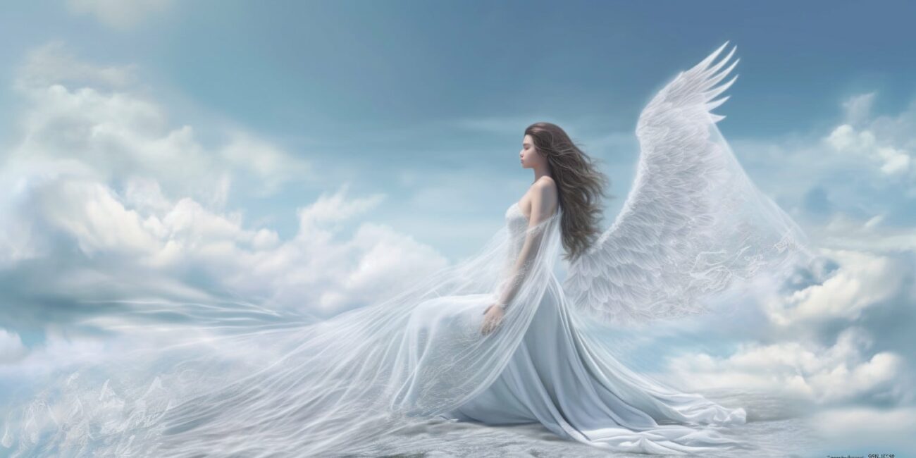 Angel with white wings in a long white dress with blue sky and cloud in the background
