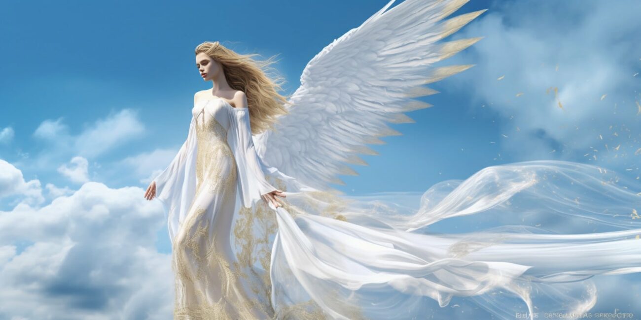 Angel with brown hair, white wings in a long white dress with blue sky and cloud in the background