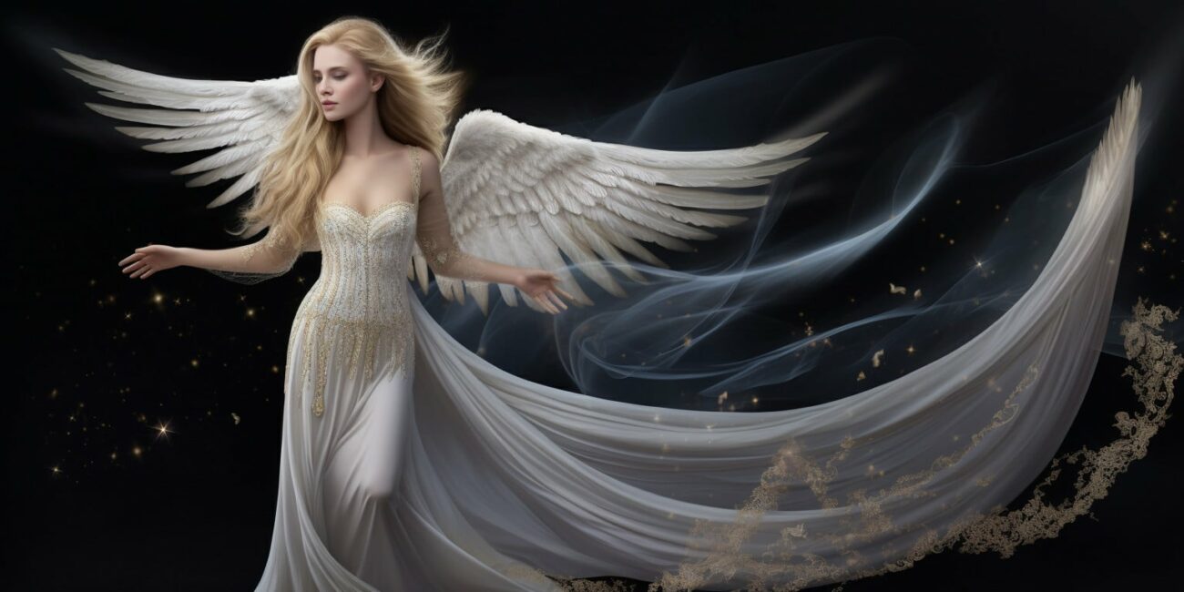 Angel in a long white dress with the night sky in the background