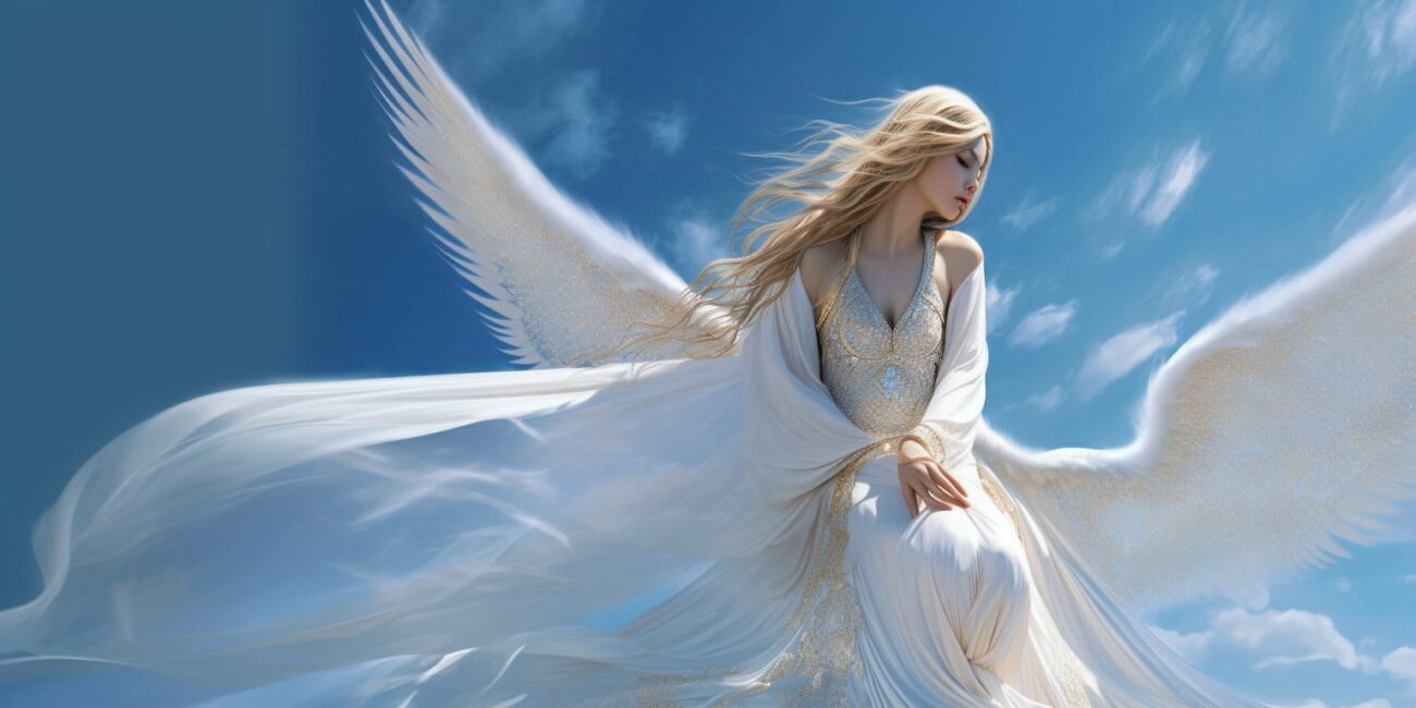 Angel with brown hair, large white wings in a long white dress with blue sky and cloud in the background
