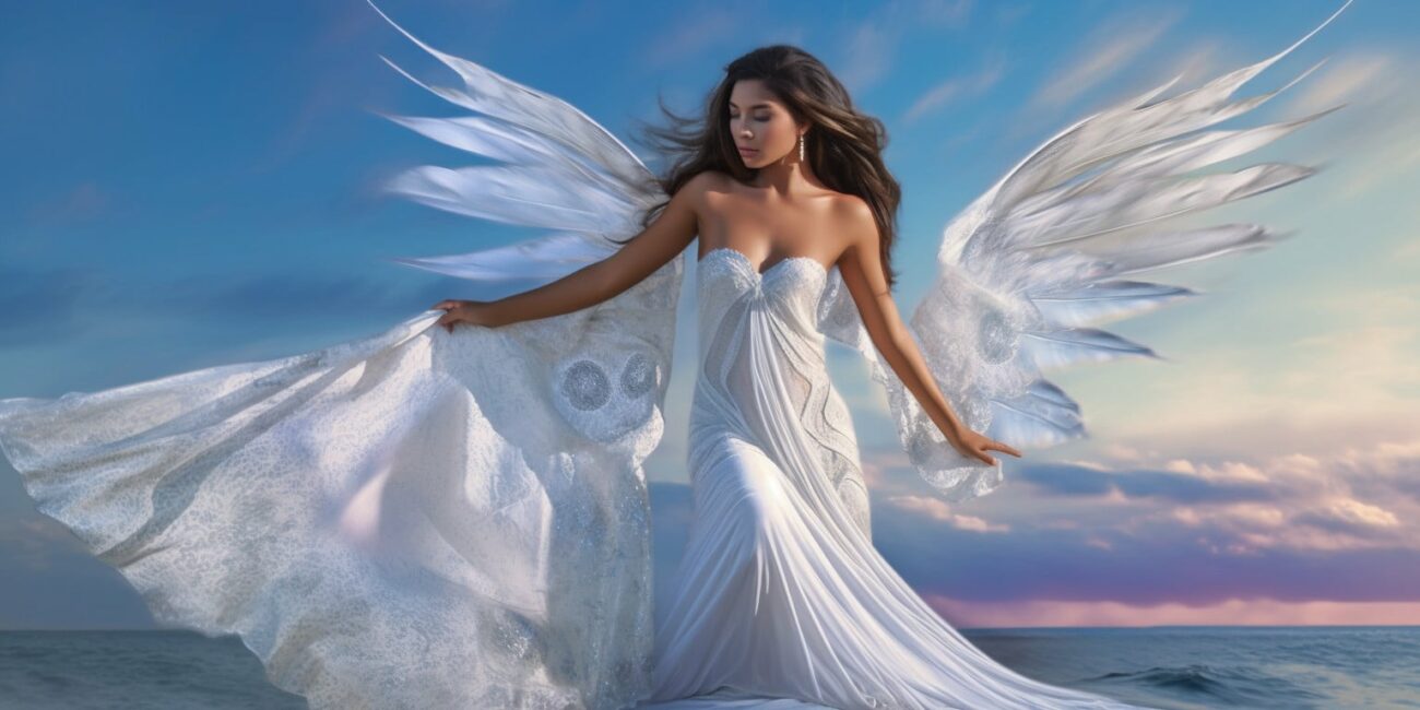 Angel with dark brown hair, large white wings in a long white dress with blue sky and cloud in the background