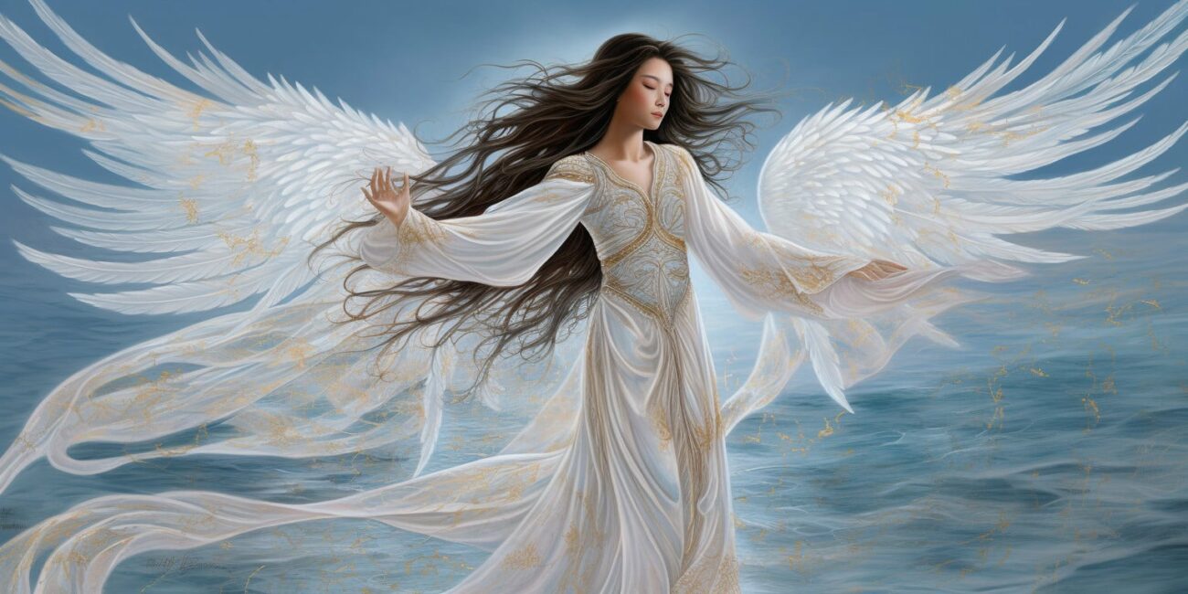 Angel with long dark brown hair, large white wings in a long white dress with blue sky