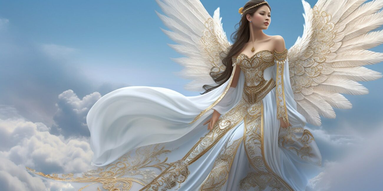Angel with brown hair, large white wings in a long white and yellow dress with blue sky and clouds in the background
