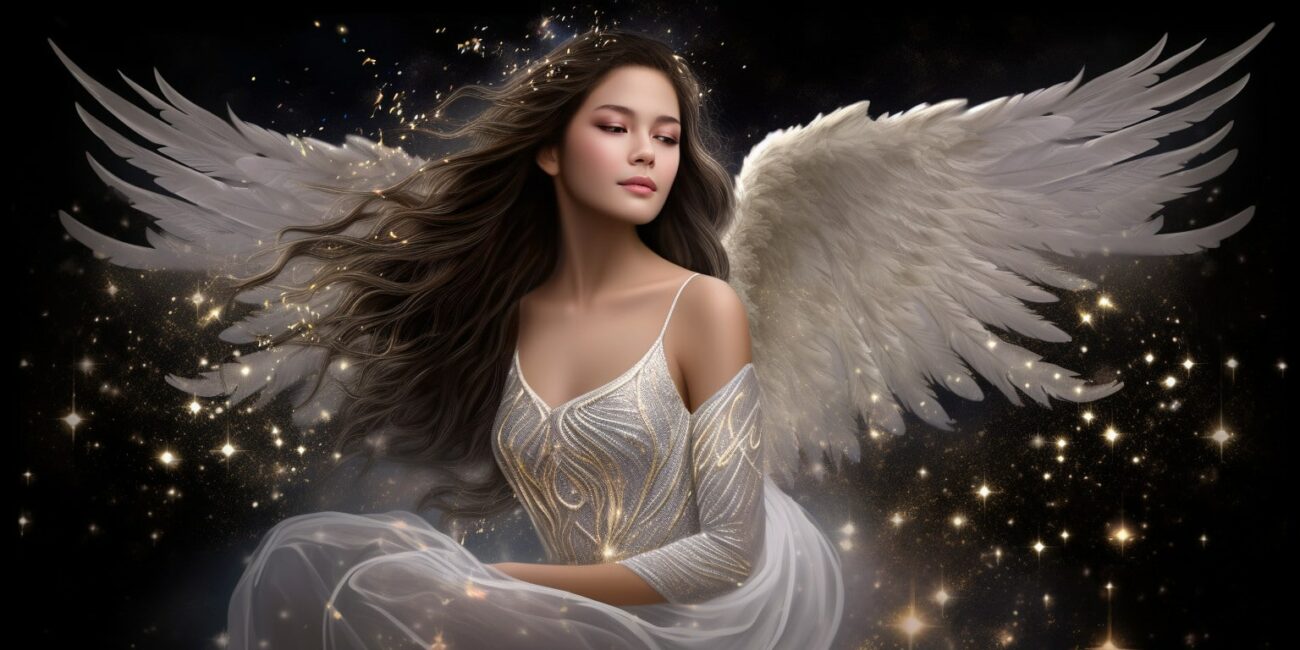 Angel in a long white dress with stars in the night sky in the background
