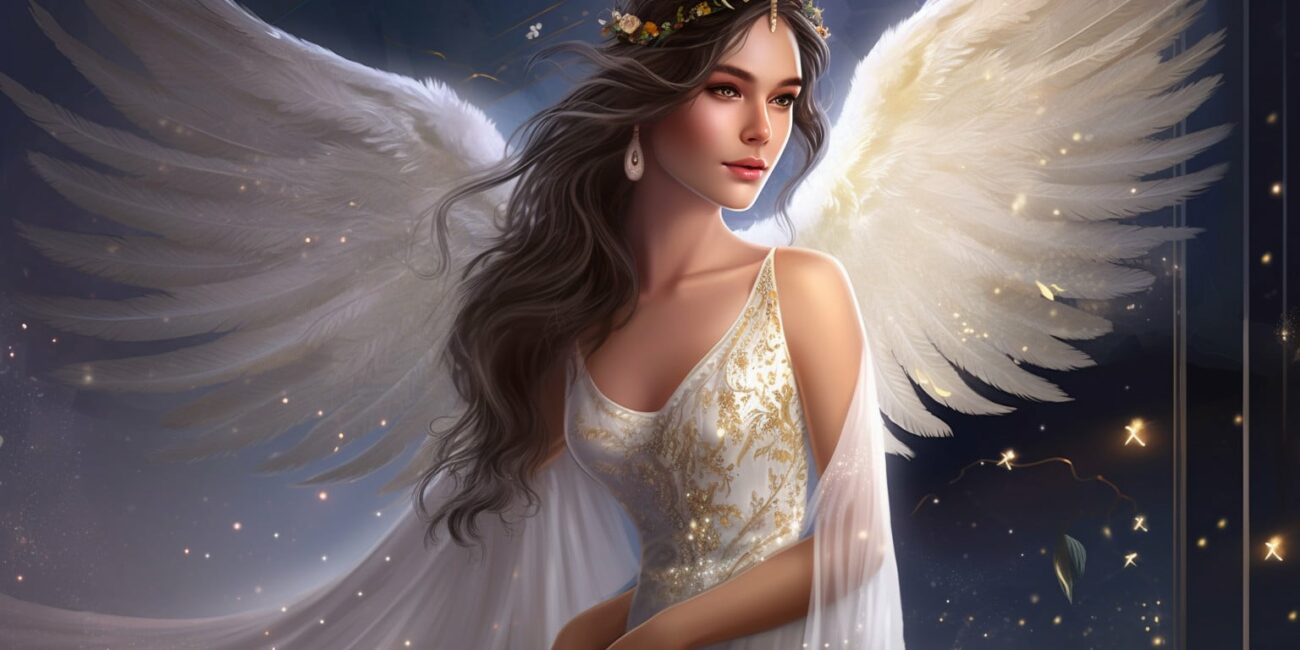 Angel in a long white dress with falling stars in the night sky in the background