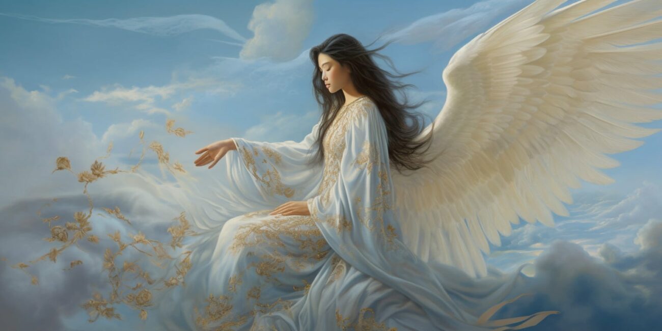 Angel sitting down with dark brown hair, white wings in a long white dress with blue sky and cloud in the background