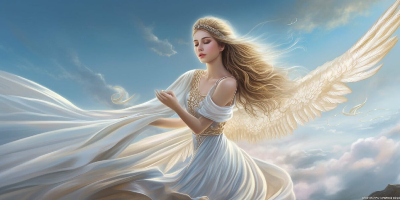 Angel with blonde hair, white wings in a long white dress with blue sky and clouds in the background
