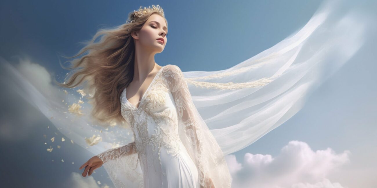 Angel with a crown and blonde hair, white wings in a long white dress with blue sky and clouds in the background