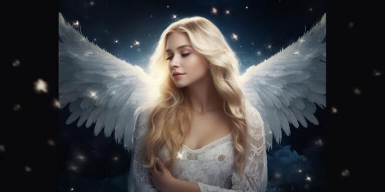 Angel with blonde hair in a long white dress with stars in the night sky in the background