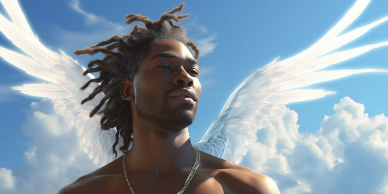 Angel with dreadlocks , white wings with blue sky and clouds in the background