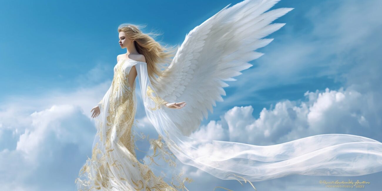 Angel with blonde hair, white wings in a long white dress with blue sky and clouds in the background