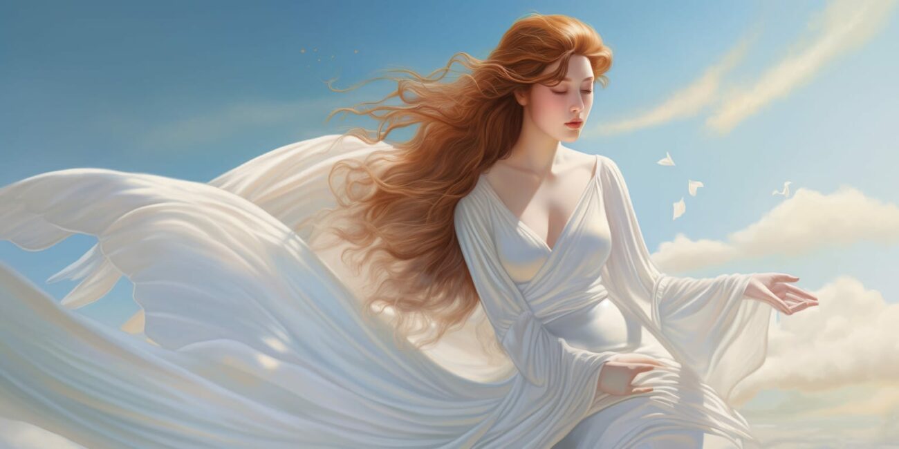 Angel with brunette hair, white wings in a long white dress with blue sky and clouds in the background