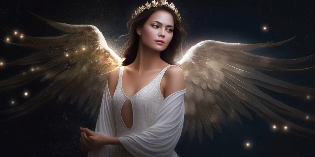 Angel with black hair wearing a small gold crown in a long white dress with stars in the night sky in the background.