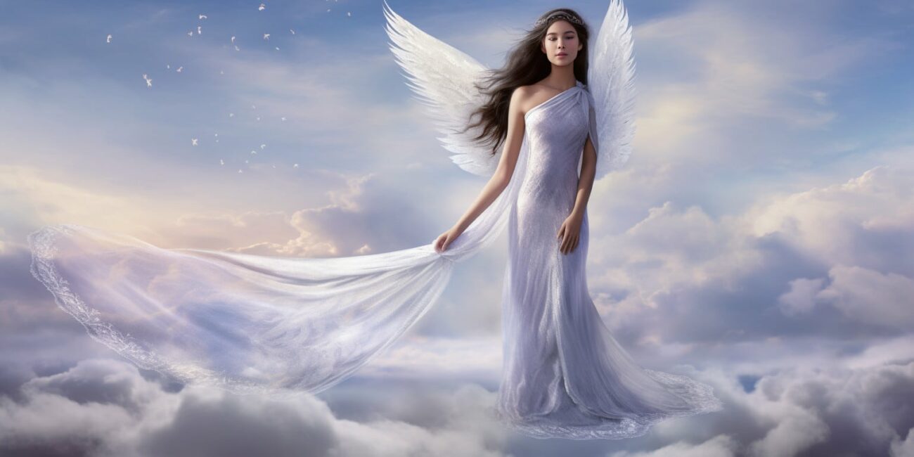 Angel with dark brown hair, large white wings in a long white dress with blue sky and cloud in the background