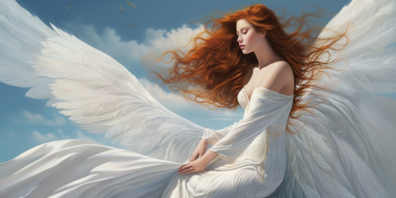 Angel in a white robe. Long Brunette hair