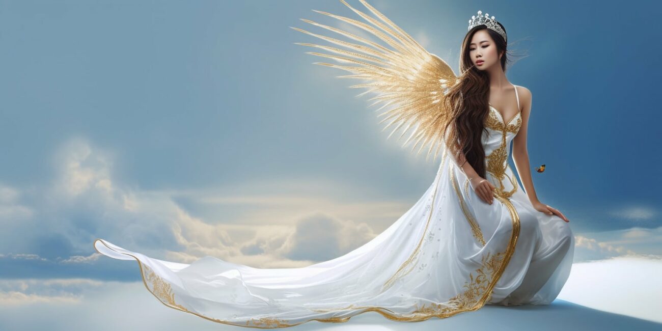 Angel in a white robe. Small crown yellow wings.