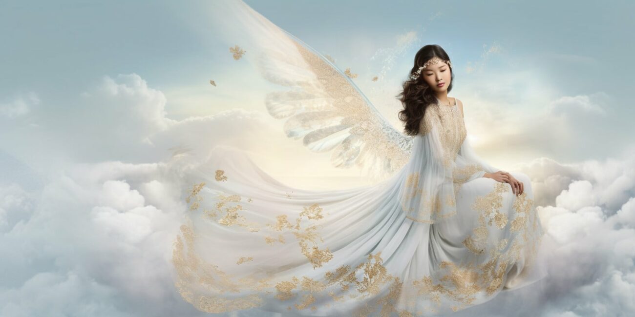 Angel Number 25 - Angel with long black hair and a long white dress. Looking back.