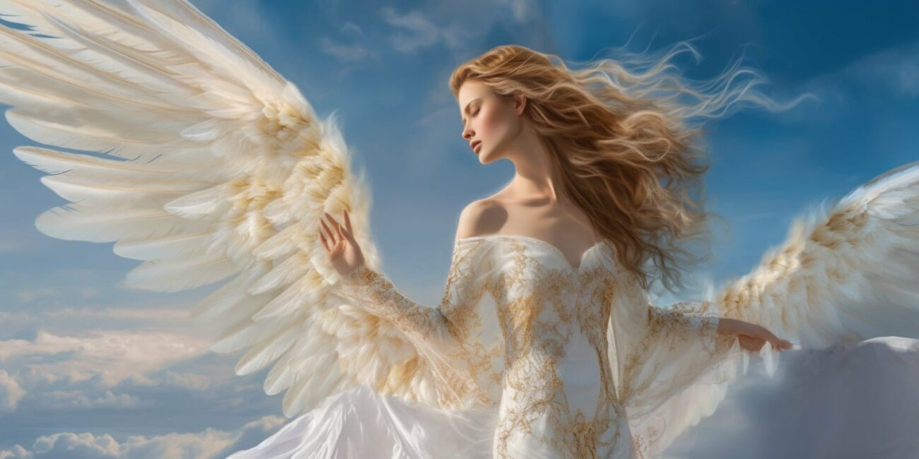 Angel Number 35 - Angel with long brunette hair and a long white dress. Looking forward.
