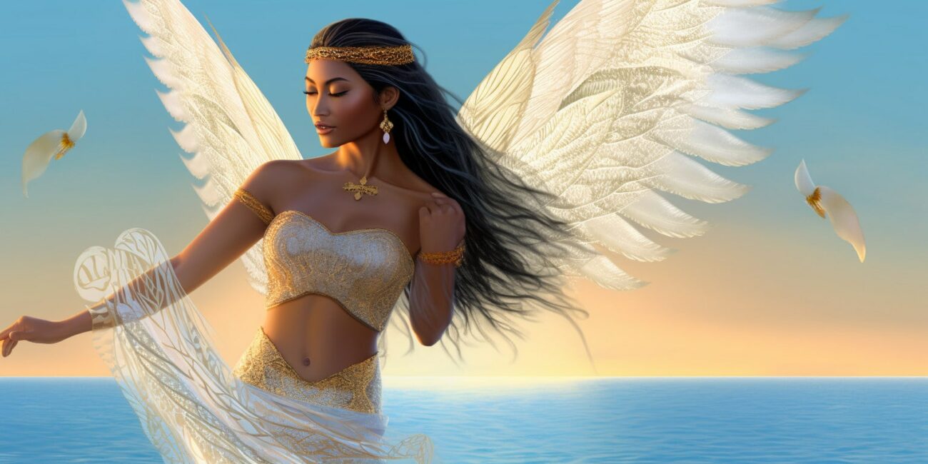 Angel Number 75 - Angel with long black hair and a long white dress. Looking forward. Wings have a shade of yellow. Clouds and the sun setting in the background.