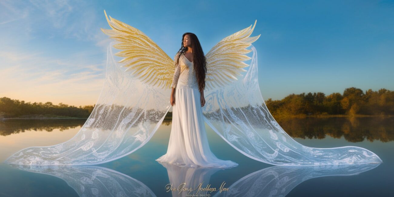 Angel Number 45 - Angel with long black hair and a long white dress. Looking forward. Wings have a shade of yellow.