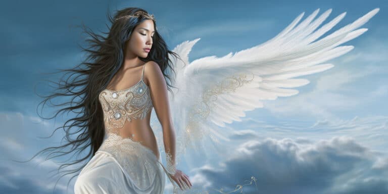 Angel Number 26 - Angel with long black hair. Dark clouds in the background.