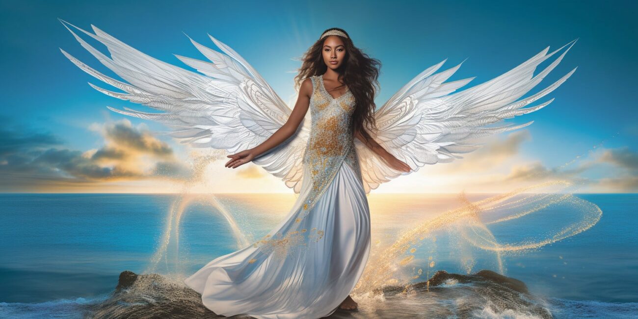 Angel Number 55 - Angel with long black hair and a long white dress. Looking forward. Wings have a shade of yellow. Wind swirling behind her.