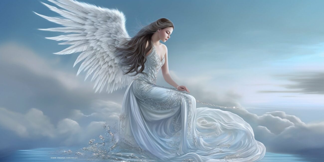 Angel with long dark brown hair, large white wings in a long white dress with blue sky and clouds in the background