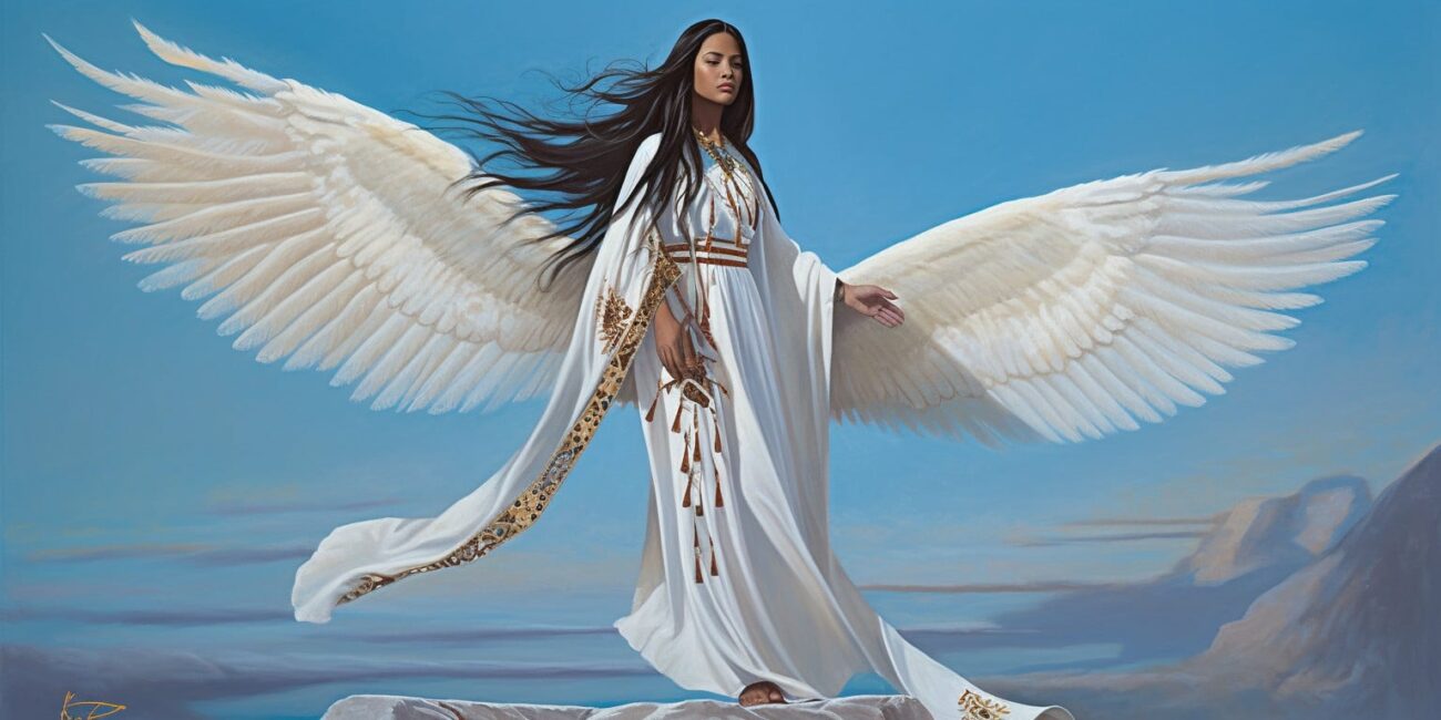 Angel Number 65 - Angel with long black hair and a long white dress. Looking forward. Wings have a shade of yellow. Clouds in the background.