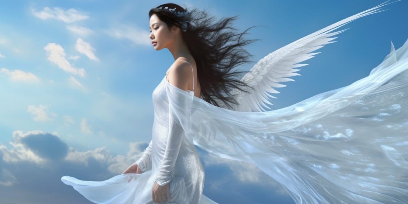Angel Number 15 - Angel with long black hair and a long white dress. Looking forward.