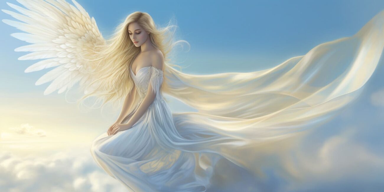 Angel Number 56 - Angel with long blonde hair. White clouds in the background.
