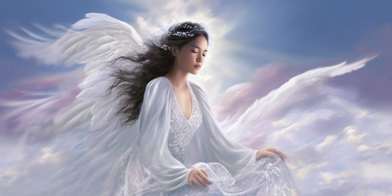 Angel Number 66 - Angel with long dark hair. White clouds in the background.