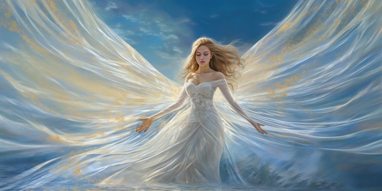 Angel Number 76 - Angel with long blonde hair. White clouds in the background. Outstretched wings