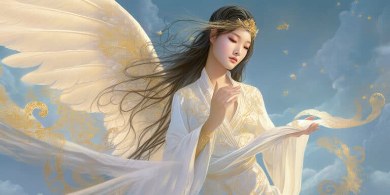 Angel Number 86 - Angel with long dark hair. White clouds in the background. Outstretched wings